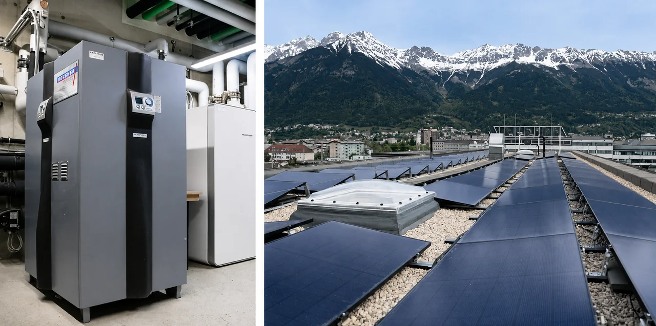 Heat pump and rooftop photovoltaic array at STASTO in Innsbruck