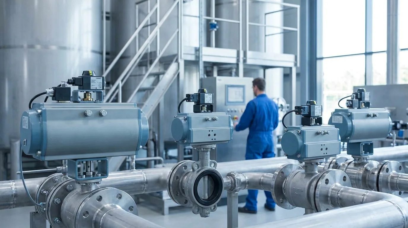Pneumatically actuated butterfly valves on a plant